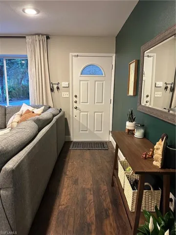 Foyer entrance with dark wood-style flooring and baseboards
