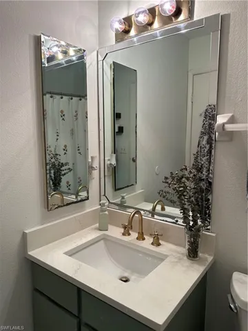 Bathroom featuring toilet, curtained shower, vanity, and a textured wall