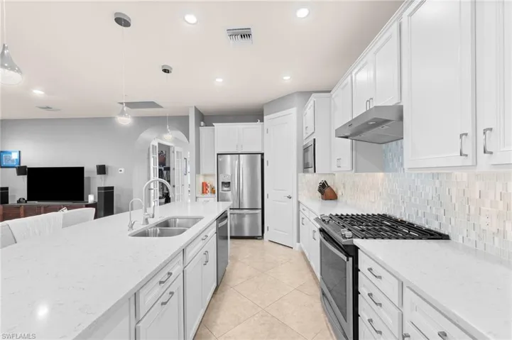 Gas range, walk-in pantry behind door on right