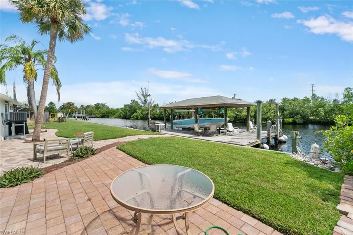View of patio / terrace with a gazebo, a dock, and a water view