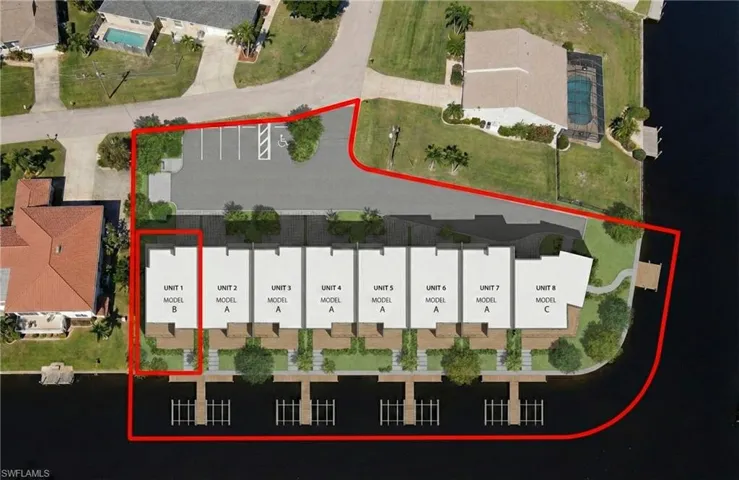 Aerial view of property and surrounding area featuring property parcel outlined