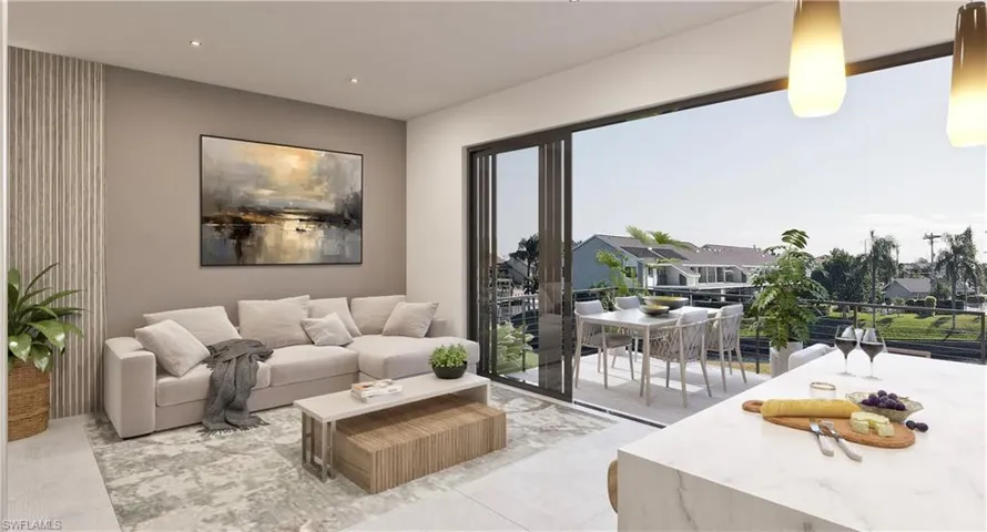 Living room with a residential view and recessed lighting
