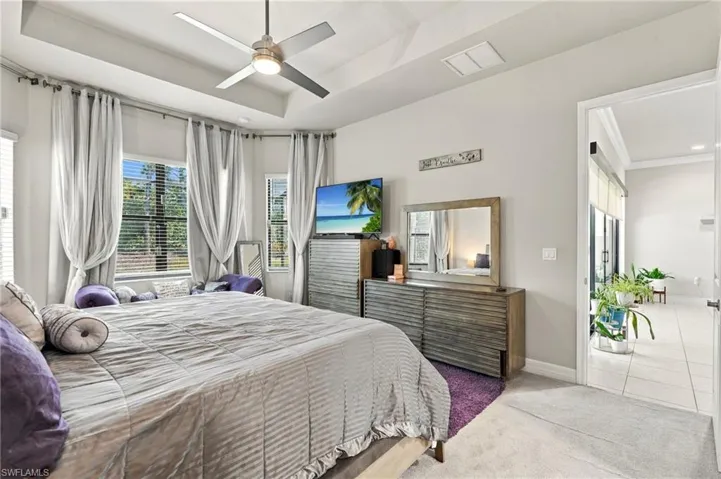 Tray ceiling with a central brushed-nickel ceiling fan, large windows with multi-pane configuration, and neutral wall-to-wall carpeting