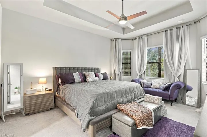 Tray ceiling, neutral wall tones, multi-pane windows, and a ceiling fan with integrated lighting