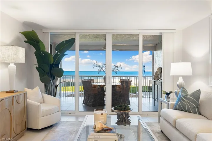 Living room with a wall of windows and a water view