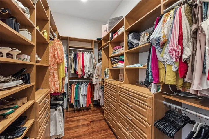 Walk-in California closet with dark wood-type flooring