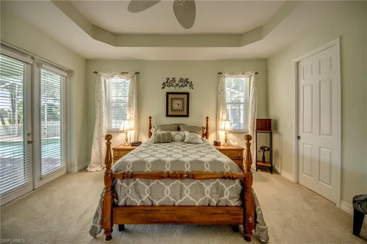 Bedroom featuring access to exterior, carpet, multiple windows, and a raised ceiling