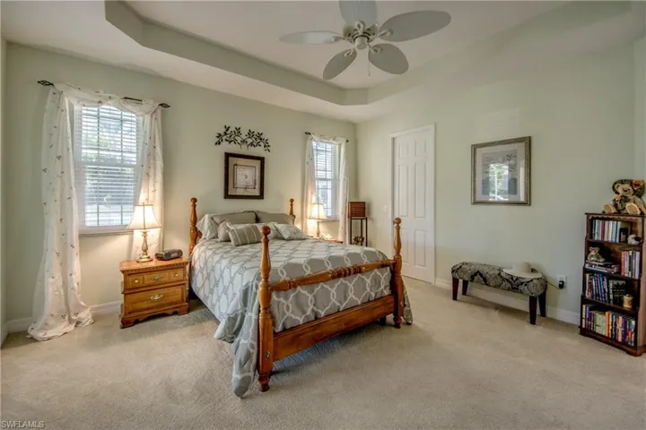Bedroom with carpet flooring, multiple windows, and a tray ceiling