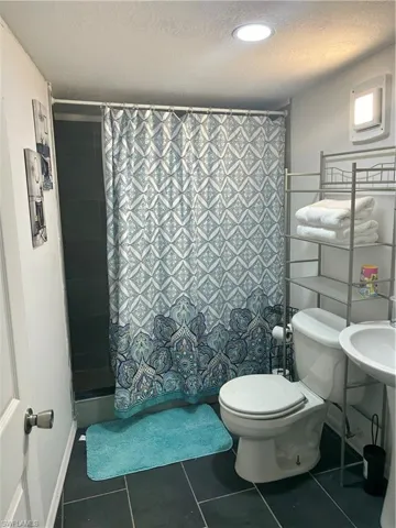 Bathroom featuring dark tile flooring, a shower with dark tiled walls, and a white toilet