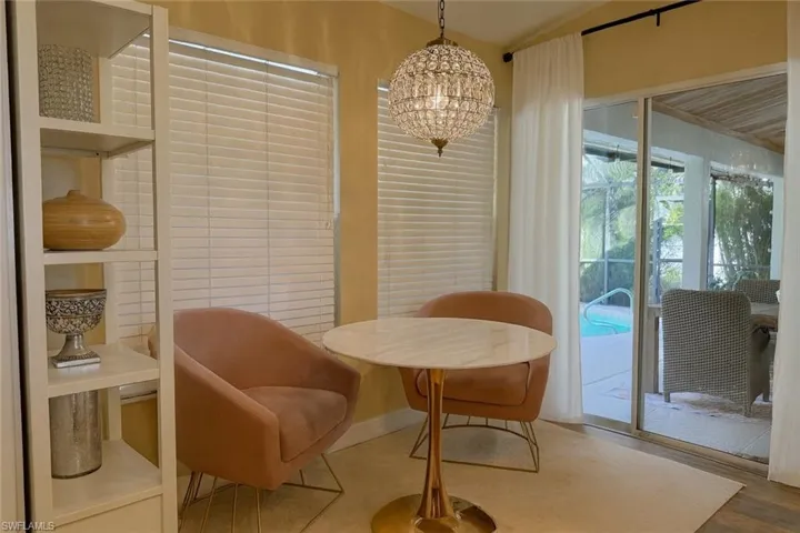 Dining space with a chandelier