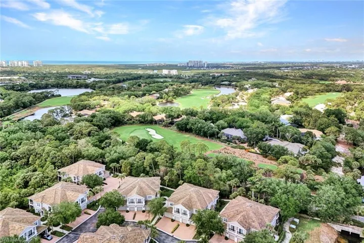 Birds eye view of property with view of golf course and a water view