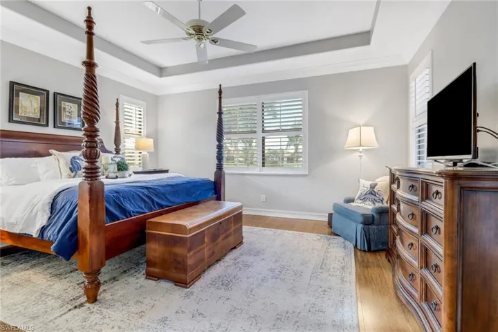 Bedroom featuring a tray ceiling, light wood-style flooring, multiple windows, and a ceiling fan