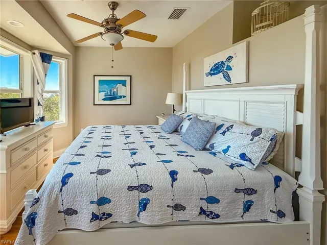 Bedroom featuring visible vents and ceiling fan