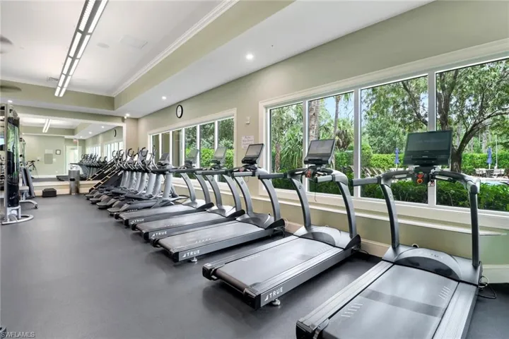 Workout area with healthy amount of natural light, recessed lighting, and crown molding