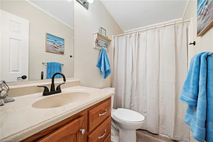 Bathroom with a shower with curtain, vanity, crown molding, and dark wood-type flooring