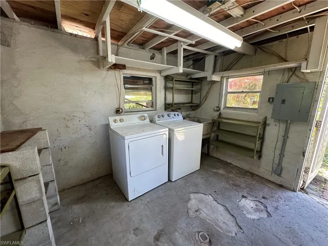 Laundry area with separate washer and dryer, electric panel, and sink