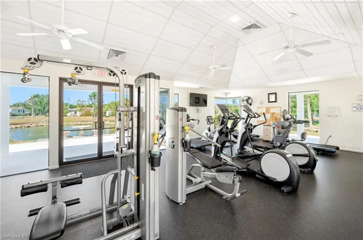 Workout area featuring ceiling fan