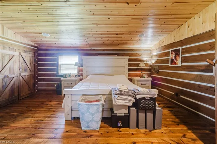 Wood-finish flooring with log-style walls and wood-paneled ceilings