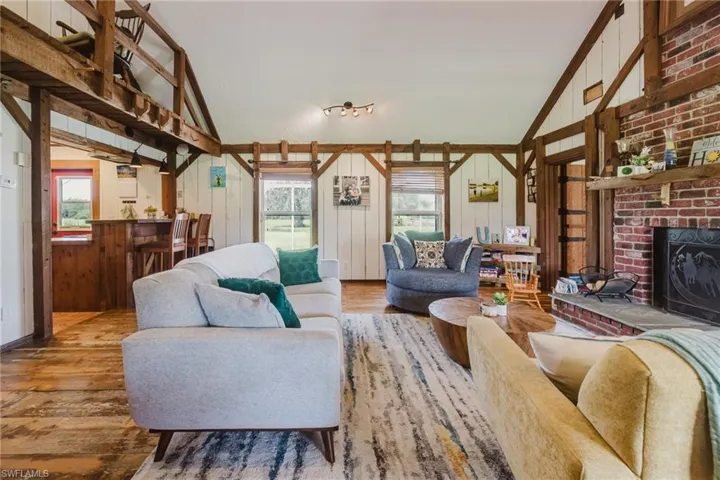 Vaulted ceiling with exposed wood beams
