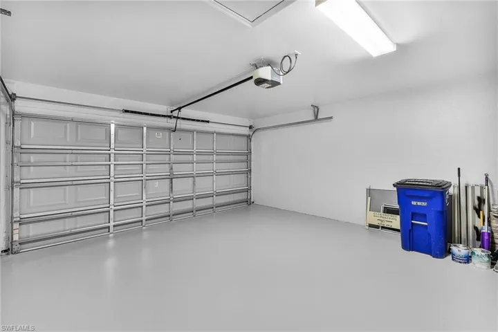 The two-car Garage is air-conditioned, has been freshly painted, including the floor, and has an automatic door opener.