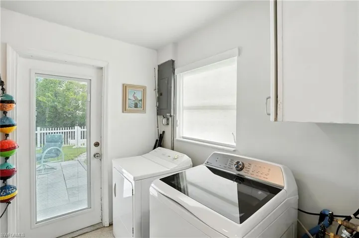 Laundry room with washer and dryer and electric panel