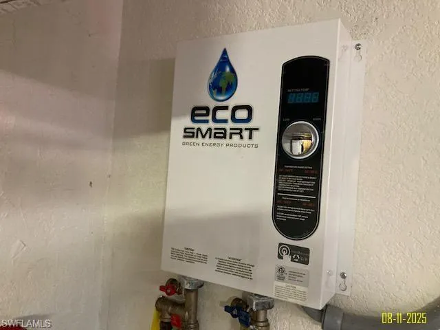 Detailed view of a textured wall and tankless water heater