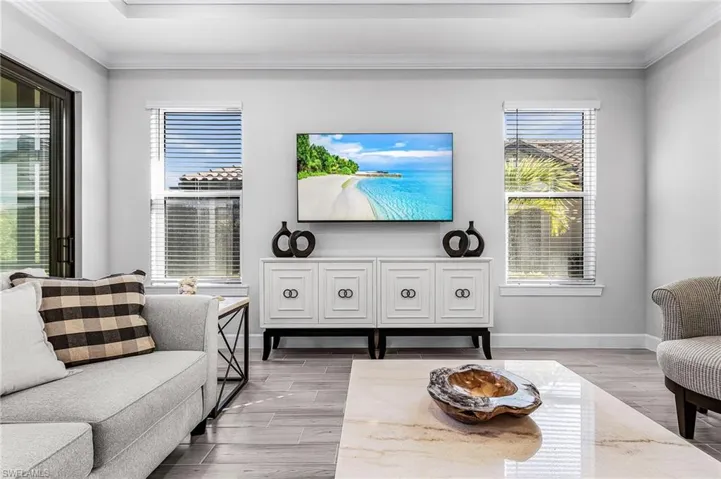 Living area featuring light gray walls and wood-finish flooring