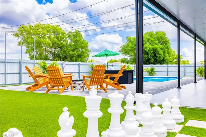 Fenced backyard with a patio area