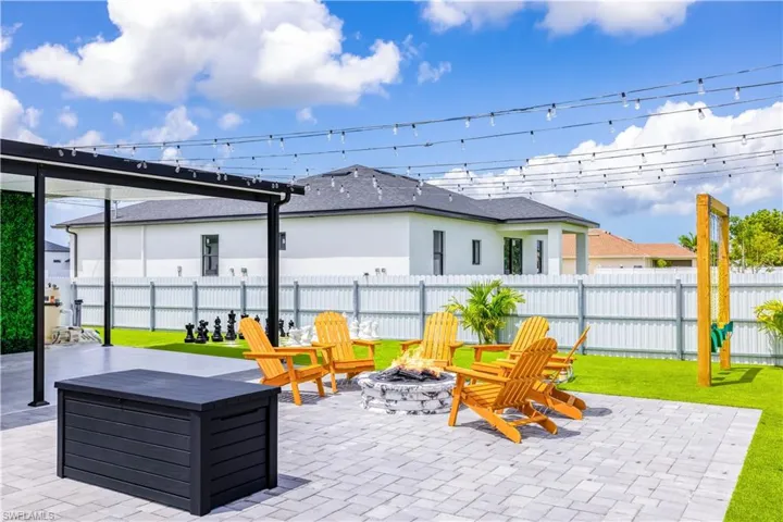 Fenced backyard featuring a patio and an outdoor fire pit