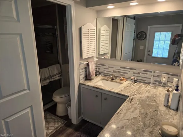 Bathroom with vanity, wood-type flooring, walk in shower, toilet, and decorative backsplash