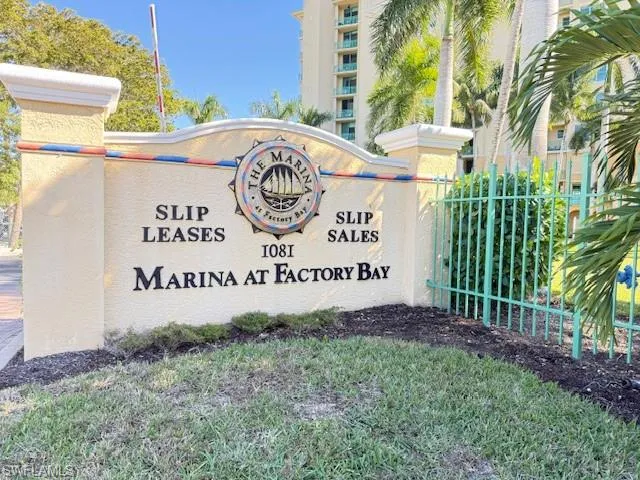 Marina at Factory Bay sign