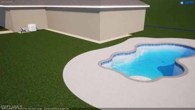 Rendition for back yard Swimming pool with a patio area