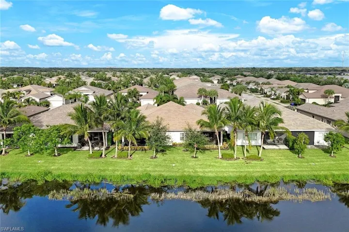 Birds eye view of property with a water view