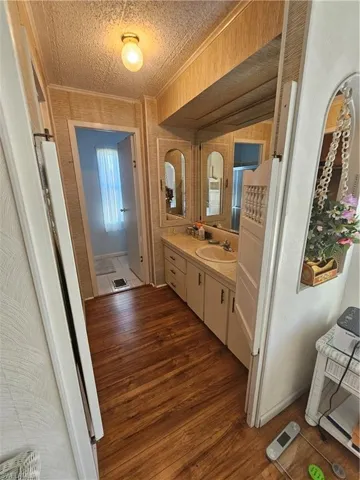 Bathroom with vanity, wood finished floors, visible vents, a textured ceiling, and crown molding