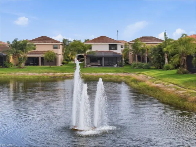 Expansive pond featuring a multi-stream fountain