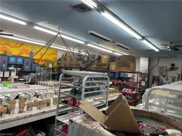 Garage with ceiling fan