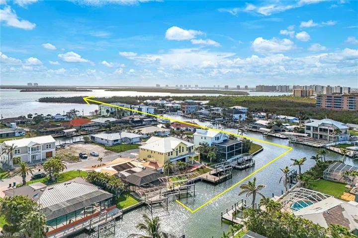 Birds eye view of property with a water view and a city view