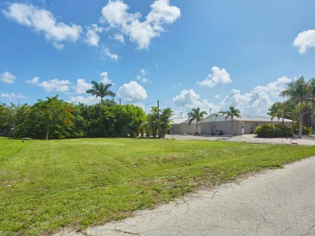 Ground-level view showing lot frontage and greenery.