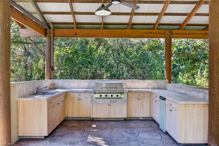 Cabinets, sink, grill and fridge