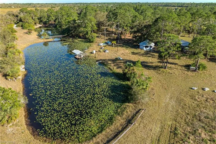 Birds eye view of property with a water view