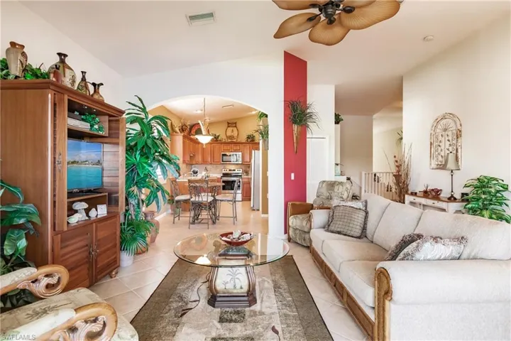 Great view of family room and kitchen in background