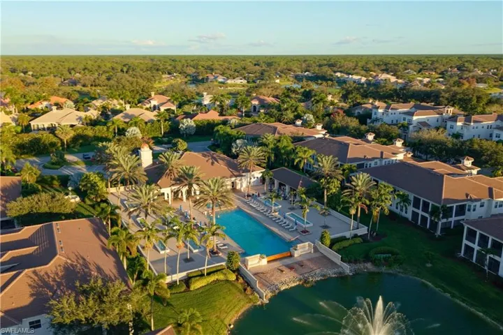 Aerial view of residential area with a pool