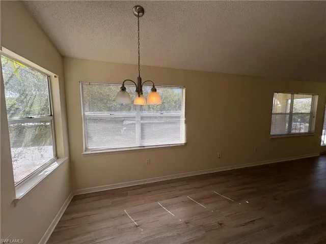 Unfurnished dining area with a chandelier, plenty of natural light, and wood finished floors