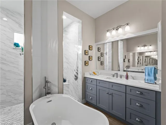 Bathroom with a soaking tub, vanity, and a walk in shower