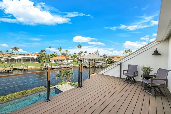 Dock area with a water view, a residential view, and a balcony