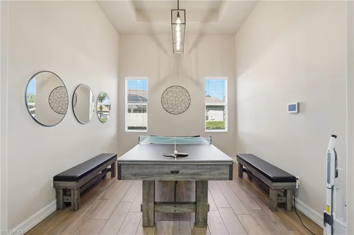 Misc room featuring wood finish floors, a towering ceiling, and a raised ceiling