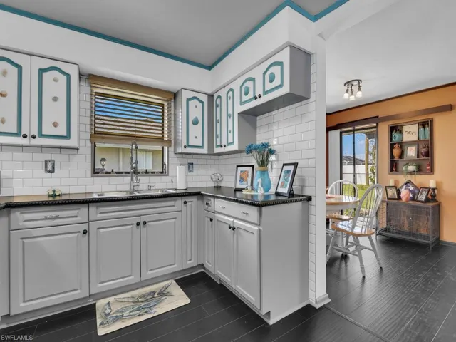 Kitchen featuring dark hardwood / wood-style flooring, sink, and tasteful backsplash