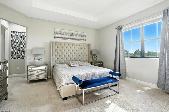 Bedroom featuring carpet flooring and a tray ceiling