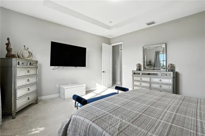Carpeted bedroom featuring baseboards and a raised ceiling