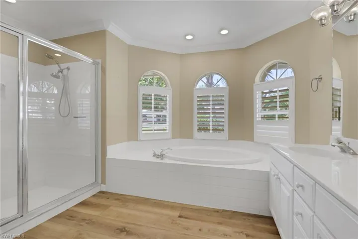 Bathroom featuring a garden tub, vanity, light wood-style flooring, a shower stall, and plenty of natural light